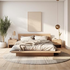Elie Oak Wood Bed – Solid Oak Platform Bed Frame – Minimalist Low Profile Wooden Bed for Modern or Rustic Bedrooms