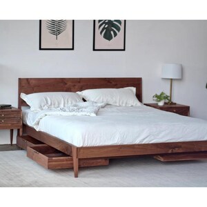 Aceline Walnut Wood Storage Bed – Solid Walnut Platform Bed Frame with Drawers – Handmade Minimalist Japandi Bedroom Furniture