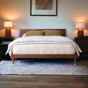Akos Walnut Wood Bed – Solid Walnut Platform Bed Frame – Handmade Low Profile Modern Bed – Minimalist Japandi Bedroom Style
