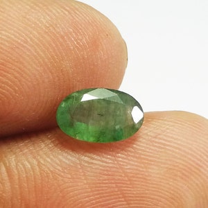 May include: An oval-cut, faceted emerald gemstone. The gem is a vibrant green color with a polished surface, reflecting light. The emerald is held between two fingers, showcasing its size and shape. The background is a plain white.