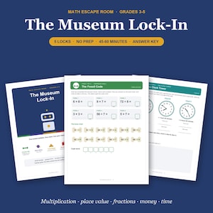 Könnte beinhalten: Eine Mathe-Escape-Room-Aktivität mit dem Titel The Museum Lock-In für die Klassen 3-5. Das Set enthält drei gedruckte Seiten mit Multiplikationsaufgaben, einer Knochentabelle zum Entschlüsseln und Übungen zum Uhrzeitlesen.