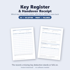 Może przedstawiać: Szablon dokumentu Key Register & Handover Receipt w formatach A4 i US Letter. Formularze do druku i wypełniania zawierają kolumny do śledzenia szczegółów kluczy, w tym identyfikator, osobę posiadającą oraz daty zwrotu w kolorze niebieskim i białym.