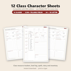 Class Character Sheets Printable, 12 Fillable 5E Compatible PDFs, Wizard Rogue Fighter Cleric, TTRPG Character Sheet