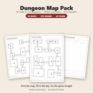 Può includere: Un pacchetto di mappe per dungeon con 20 dungeon pronti all'uso, 250 stanze e 42 pagine. Il documento mostra layout di dungeon basati su griglia con stanze numerate e fogli chiave compilabili. Il testo include Dungeon Map Pack, 20 maps, 250 rooms, 42 pages e Print the map, fill in the key, run the game tonight.