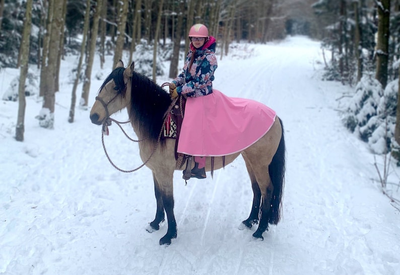 Puede incluir: Una persona con un casco rosa y una chaqueta floral monta un caballo marr&oacute;n y negro en un bosque nevado. El caballo lleva una manta de silla rosa.