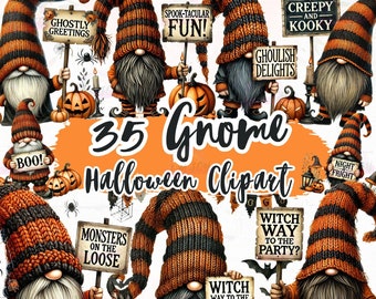 Könnte beinhalten: Eine Sammlung von Halloween-Gnom-Clipart. Die Gnome tragen orange-schwarz gestreifte Hüte und halten Schilder mit Aufschriften wie "Spook-tacular Fun!" und "Creepy and Kooky." Kürbisse und andere Halloween-Elemente sind ebenfalls enthalten.