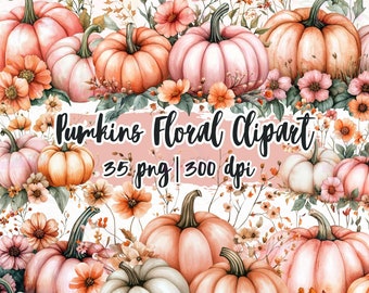 Clipart floral de calabaza en acuarela: 35 gráficos PNG de otoño (descarga digital)