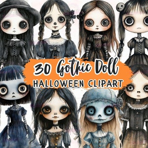 Gothic Doll Halloween Clipart Collection, 30 Creepy Cute Halloween Clipart, Spooky Digital Download for DIY Crafts, Halloween Decorations