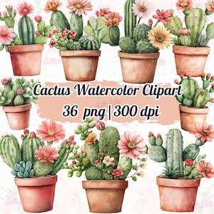 Cactus Watercolor Clipart, 36 PNG Files, 300 DPI, Succulent Plants with Flowers, Boho Digital Art for Invitations, Scrapbooking