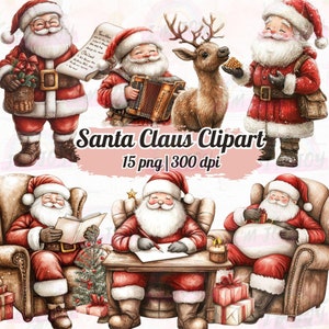 Santa Claus Vintage Christmas Watercolor Clipart, 15 PNG Files, Cute Santa Reindeer for Crafts, Cards & Decorfor DIY Projects