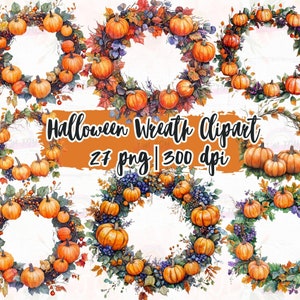 Halloween Pumpkin Wreath Clipart Bundle, Halloween Wreath PNG, Fall Watercolor Wreaths, Skull PNG,  Autumn Pumpkin Border Sublimation