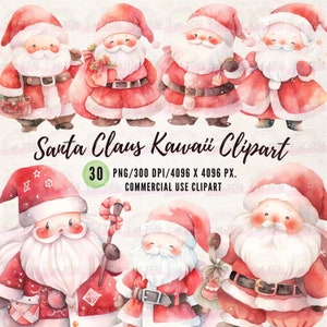 Papai Noel Kawaii aquarela clipart, 30 imagens PNG, decorações de férias, artesanato de Natal DIY, clipart de Natal para impressão, download digital