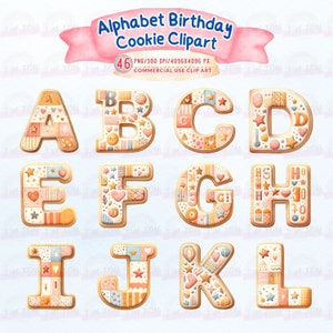 May include: A set of 12 alphabet cookie clipart images. Each letter is decorated with a patchwork design of hearts, stars, and other cute patterns in shades of pink, blue, and yellow. The letters are outlined in gold and have a realistic, hand-painted look.