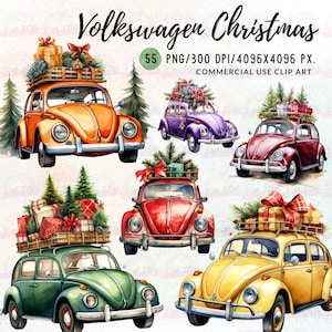 Weihnachten VW Beetle Autos Clipart, Oldtimer Winter Szenen, Vintage Urlaub Fahrzeuge, festliche VW Käfer Grafiken, DIY Urlaub Kunsthandwerk