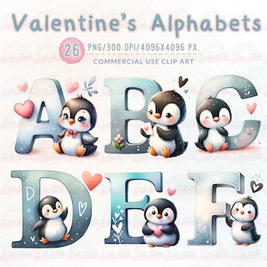 Penguin Alphabet Valentine's Day Clipart, Alfabeto Cartas de Amor, Día de San Valentín ABC, Conjunto de letras conmovedoras, Alfabeto de descarga digital