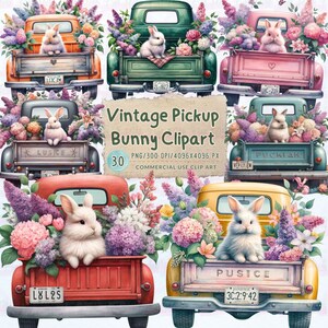 May include: A set of 30 digital clipart images featuring vintage pickup trucks with bunnies and flowers. The trucks are painted in various colors, including red, green, yellow, and pink. The bunnies are white and sitting in the back of the trucks. The flowers are a mix of purple, pink, and white.