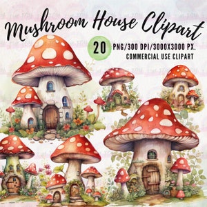 Mushroom House aquarel clipart, 20 hoge resolutie bestand, paddenstoelenhuis, magische paddenstoel, unieke kunst voor knutselaars en ontwerpers