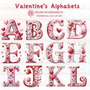Imágenes prediseñadas del alfabeto del corazón, acuarela del alfabeto del día de San Valentín, letras de amor del alfabeto, ABC del día de San Valentín, alfabeto de descarga digital