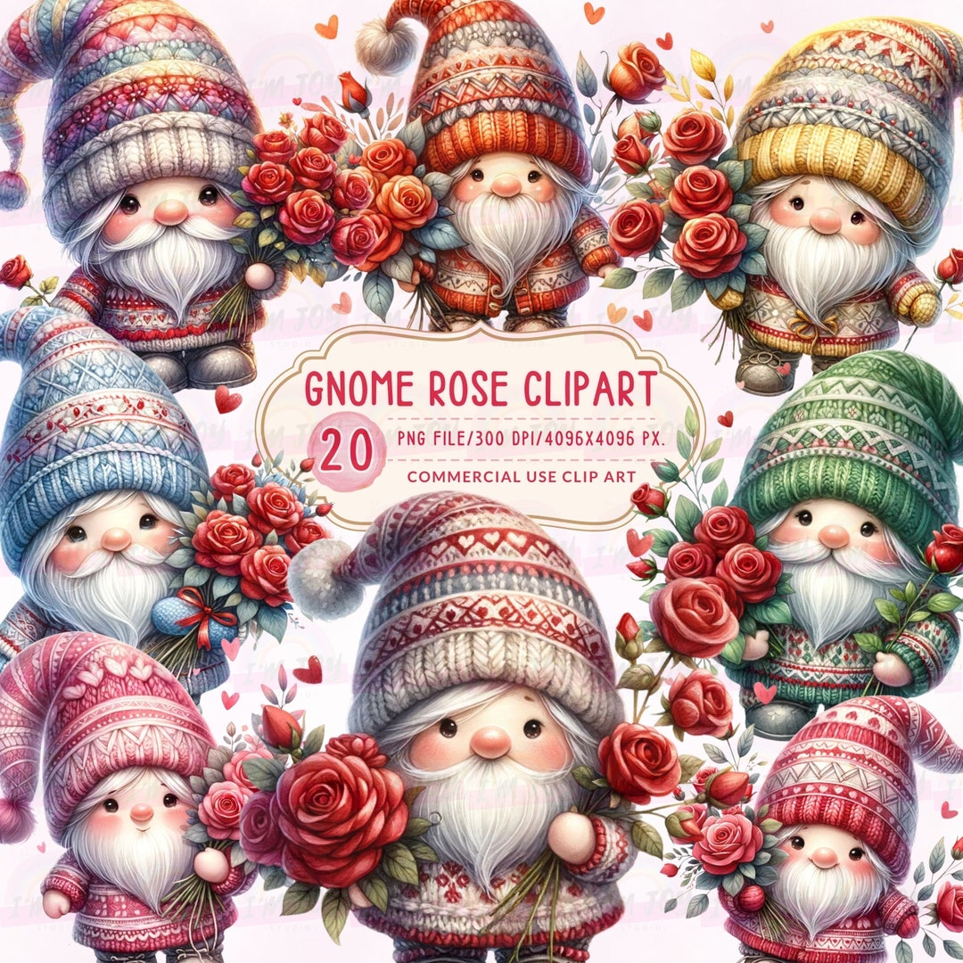 Watercolor Garden Gnome Clipart: Roses, Valentine's PNG (digital ...