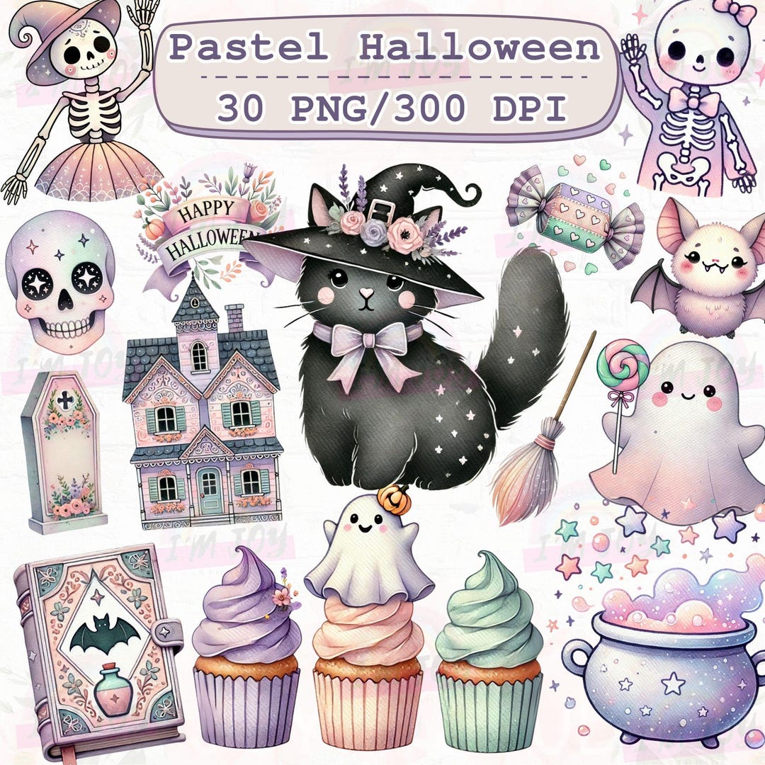 Pastel Halloween Clipart Set, Kawaii Ghosts, Witch Cat (digital ...