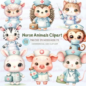 30 adorabili clipart di animali da infermiera per artigianato e progetti, simpatiche illustrazioni a tema medico, download digitale PNG