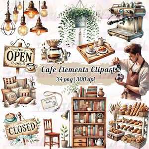 Cafe Elements Clipart, Coffee Shop Aesthetic PNG, Digital Cafe Decor, Watercolor Barista Art, Bakery & Coffee Illustrations, Commercial Use