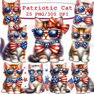 Clipart aquarelle chat patriotique : chaton du 4 juillet PNG (téléchargement numérique)