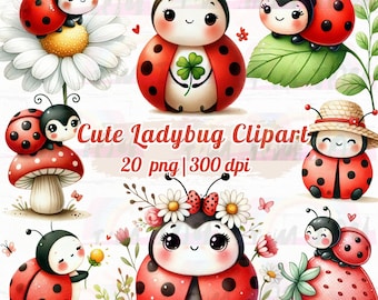 Watercolor Ladybug Clipart, Kawaii Spring Insect PNG (Digital Download)