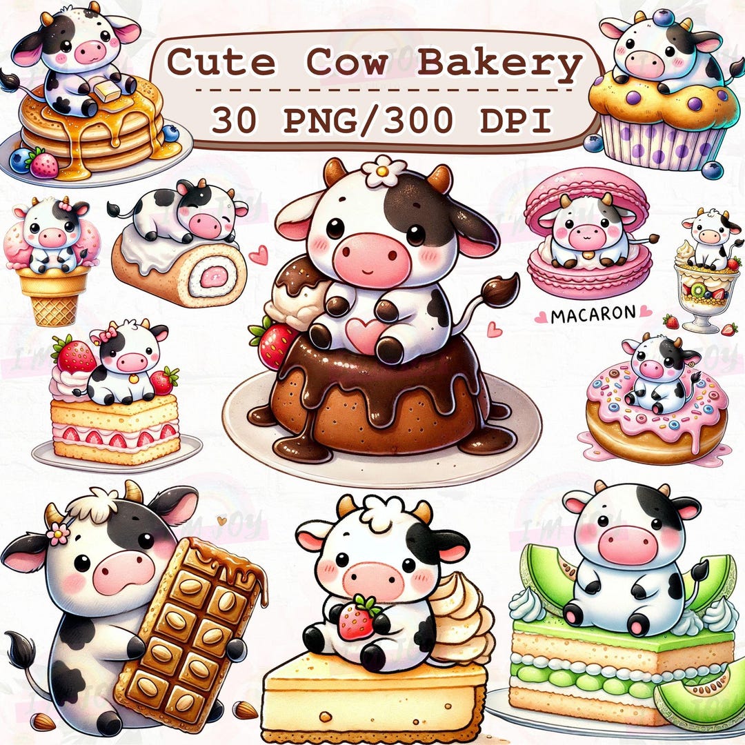 Cow Bakery Clipart, Kawaii Dessert Stickers (PNG Digital Download - Etsy