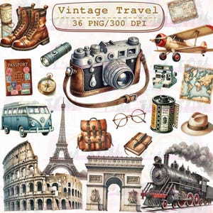 Clipart de acuarela de viajes vintage: 30 PNG / Accesorios de aventura retro, mapas, vehículos, cámaras / Descarga digital para diarios