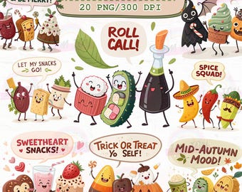 Kawaii Food Clipart: Funny Snack Characters PNG (Digital Download)