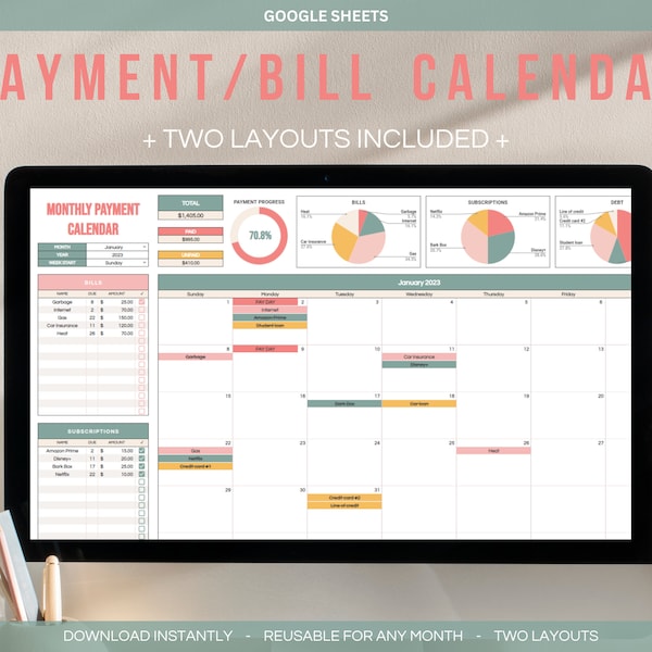 Bill Payment Calendar Google Sheets Spreadsheet (Retro) | Monthly Expenses | Budget Template | Expense Tracker | Personal Finance Planner