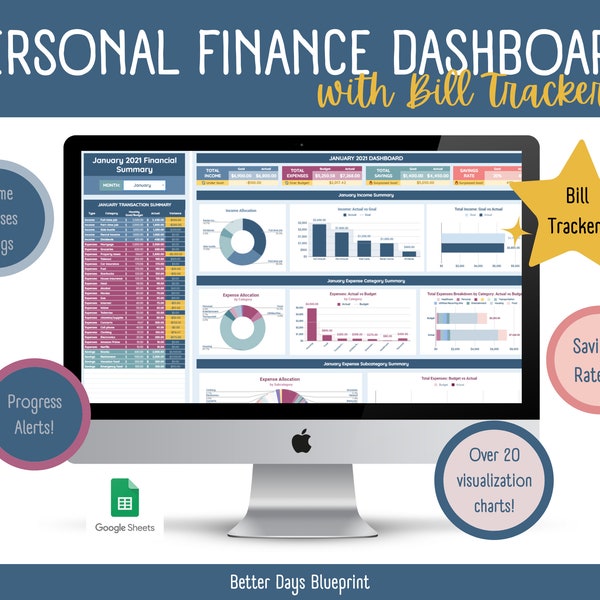 Panel digital de finanzas mensuales personales de Google Sheets + Rastreador de facturas / Ingresos / Gastos / Ahorros / Planificador de presupuesto / Rastreador / Plantilla