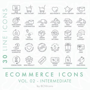 Ecommerce Symbols Vol. 02 Intermediate Icon Pack SVG, Minimalist Website Shop Line Icon Bundle png, Online Store Business Vector Symbols