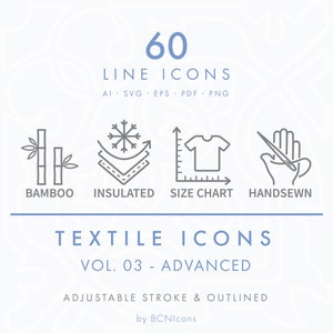 ADVANCED PACK: Textile Symbols Vol. 03 Line Icons SVG, Tailor Sewing Clothing Material Properties Symbols, Clothes Apparel Vector Logos