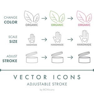May include: A graphic display of vector icons with adjustable strokes. Rows show leaf icons labeled ORGANIC, hand icons with hearts labeled HANDMADE, and open jar icons. Text includes CHANGE COLOR, SCALE SIZE, ADJUST STROKE, and VECTOR ICONS ADJUSTABLE STROKE by BCNIcons.