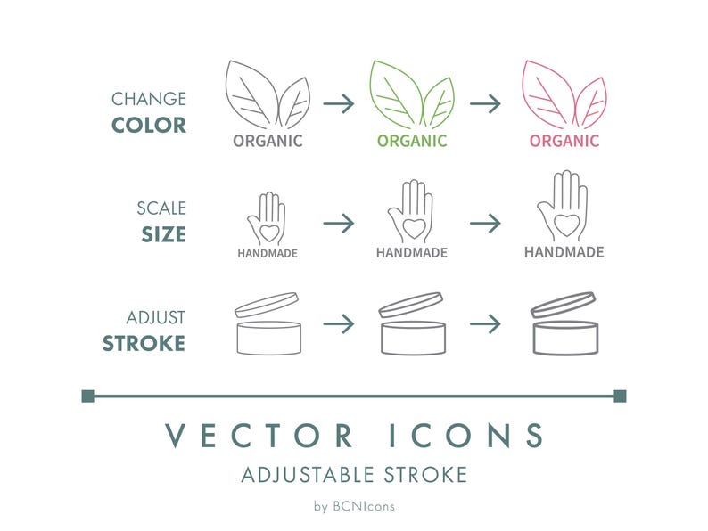 May include: A graphic display of vector icons with adjustable strokes. Rows show leaf icons labeled ORGANIC, hand icons with hearts labeled HANDMADE, and open jar icons. Text includes CHANGE COLOR, SCALE SIZE, ADJUST STROKE, and VECTOR ICONS ADJUSTABLE STROKE by BCNIcons.