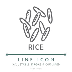 Peut inclure: Icône linéaire grise représentant des grains de riz. Le mot "RICE" est en dessous des grains. Le texte "LINE ICON" est en dessous du mot "RICE". Le texte "ADJUSTABLE STROKE & OUTLINED" est en dessous des mots "LINE ICON". Le texte "by BCIcons" est en dessous des mots "ADJUSTABLE STROKE & OUTLINED".