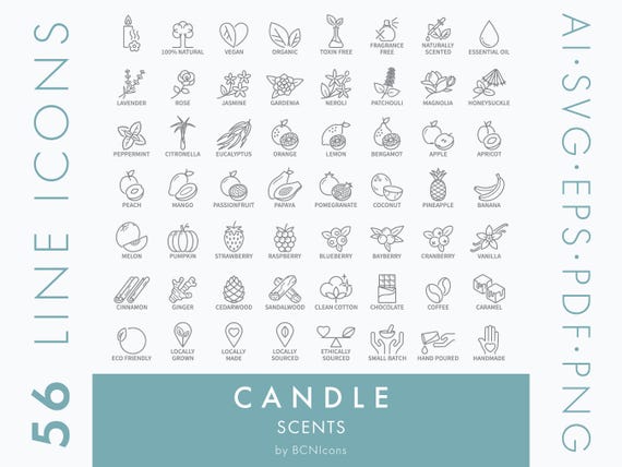 Kerzendüfte, Kerzenherstellungssymbole (Linien-Icons, SVG), Kerzenduft-Clipart-Bundle (PNG), Duftwachs-Vektor-Icon-Set