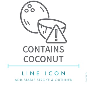 Contient l'icône de ligne de noix de coco SVG, icône minimaliste d'emballage d'allergènes alimentaires de noix, avertissement nutritionnel d'allergie à la noix de coco symbole vecteur