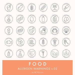 May include: A digital graphic featuring 30 line icons denoting food allergen warnings. The circular icons show symbols for nuts, gluten, soy, dairy, and other allergens. The text "FOOD ALLERGEN WARNINGS v.02" is displayed at the bottom.