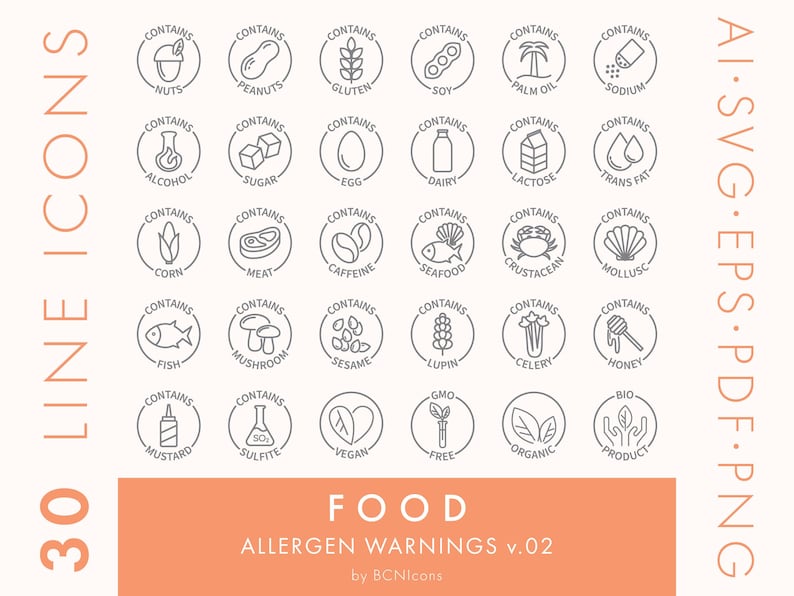 May include: A digital graphic featuring 30 line icons denoting food allergen warnings. The circular icons show symbols for nuts, gluten, soy, dairy, and other allergens. The text "FOOD ALLERGEN WARNINGS v.02" is displayed at the bottom.