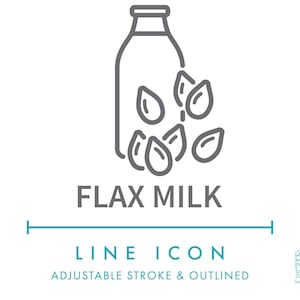 Icône de ligne de lait de lin SVG, icône de symbole de nourriture laitière végétalienne aux graines de lin, graines de lin végétales Types d'ingrédients allergènes nutritionnelles vecteur