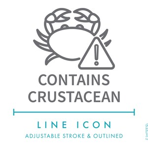 Contient l'icône de la ligne de nutrition des crustacés SVG, clipart minimaliste d'avertissement d'allergènes alimentaires PNG, icône de vecteur de symbole de fruits de mer d'avertissement d'allergie