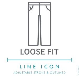 Loose Fit Jeans Kleidung Linie Symbol SVG, lose geschnittene Jeans Hosen Bekleidung Textil Symbol PNG, Comfort Fit Hose Mode Kleidung Vektor Symbol