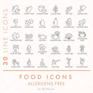 Food Allergen Free Symbols Line Icons Pack SVG, Minimalist Food Allergy Free Clip Art PNG, Food Safety Symbols Vector Icon Set