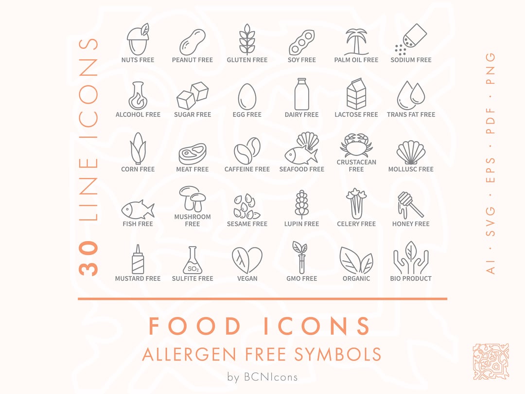 Food Allergen Free Symbols Line Icons Pack SVG, Minimalist Food Allergy ...