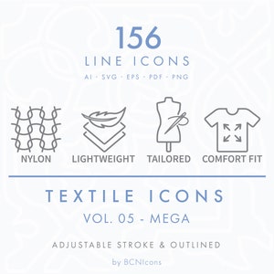 MEGA PACK: Símbolos Textiles Vol. Paquete de iconos de 05 líneas SVG, paquete de iconos de propiedades de materiales de ropa de costura a medida, logotipos vectoriales de ropa