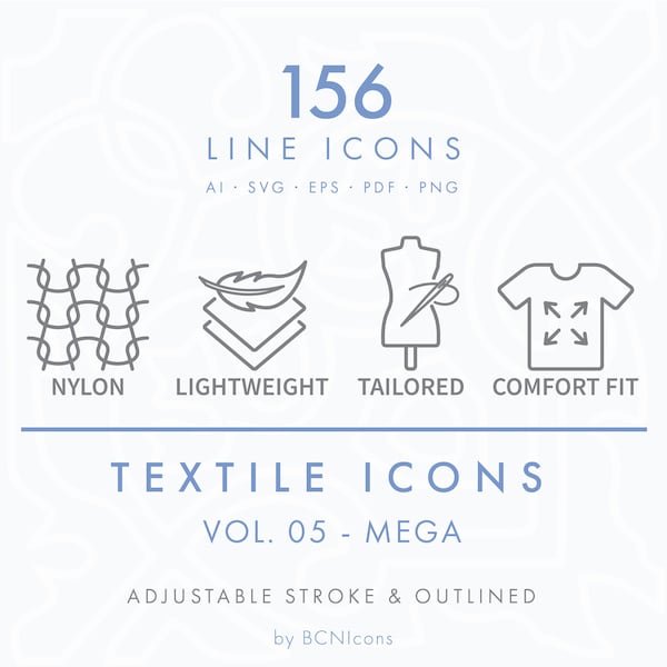 MEGA PACK: Símbolos Textiles Vol. Paquete de iconos de 05 líneas SVG, paquete de iconos de propiedades de materiales de ropa de costura a medida, logotipos vectoriales de ropa