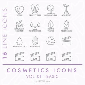 Cosmetics Packaging Symbols Vol. 01 - BASIC PACK Line Icons SVG, Minimalist Beauty Product Icon Bundle png, Skincare Ingredient Vector Icon